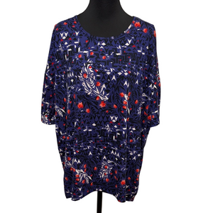 LuLaRoe Irma 2XL Blue Red Geometric Floral Hi Low Tunic Stretch